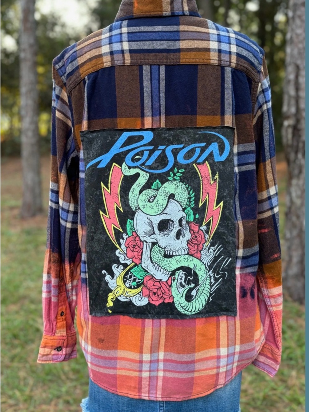 Upcycled Poison Graphic Plaid Flannel Shirt in Blue, Brown & Orange